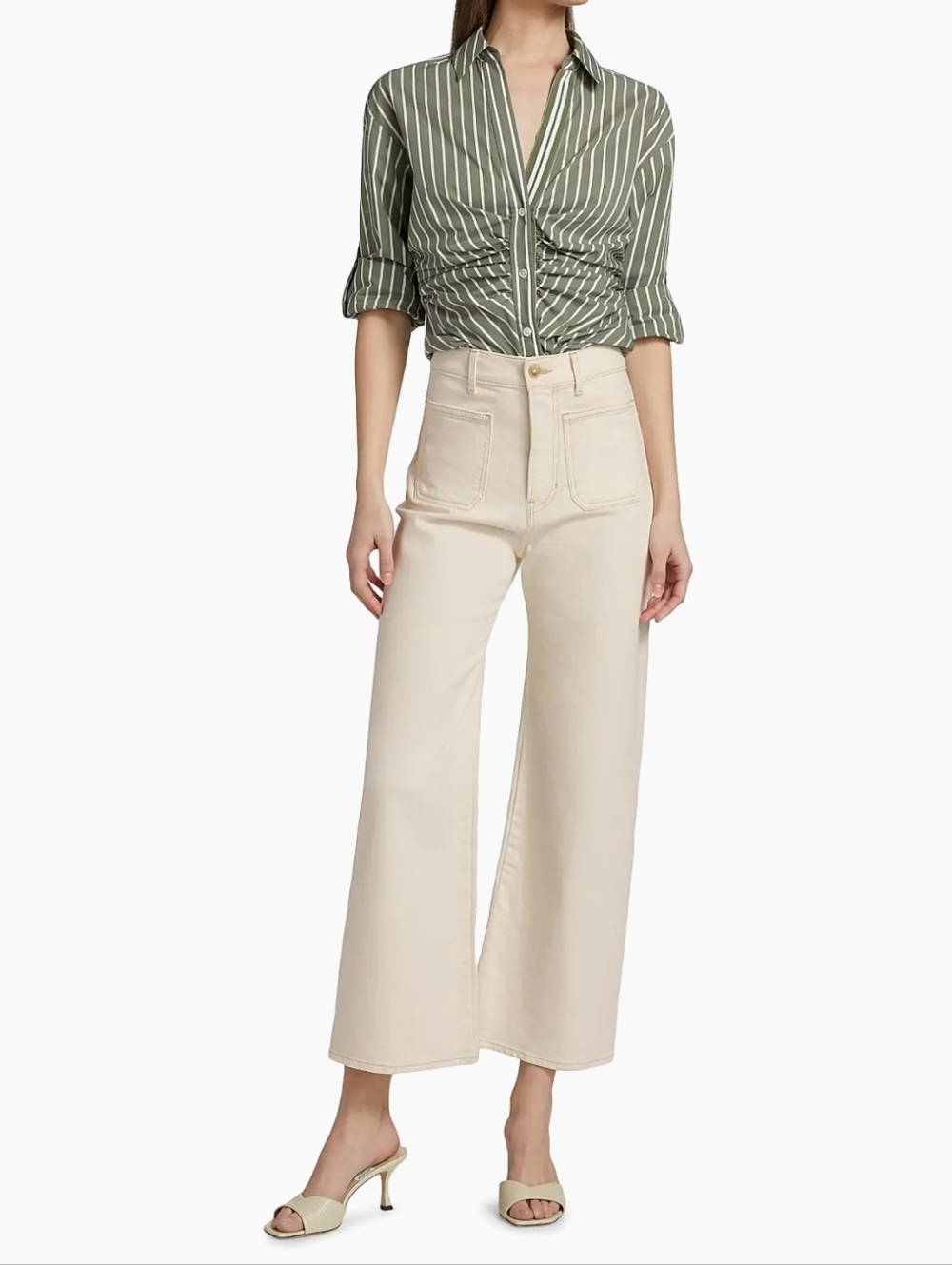 Veronica Beard Green Devra Ruched Striped Stretch-Cotton Button-Front Top
